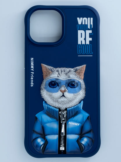 Embroidery Animal Jacket Series Cat Case for iPhone 14 Pro (Navy Blue)