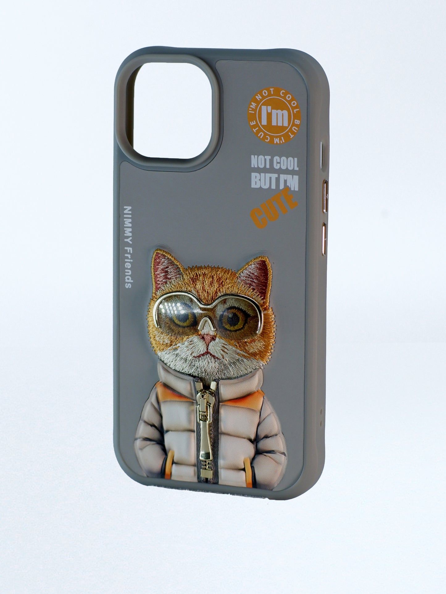 iPhone 15 Nimmy Cool & Cute Embroidery Case Cover (Grey)