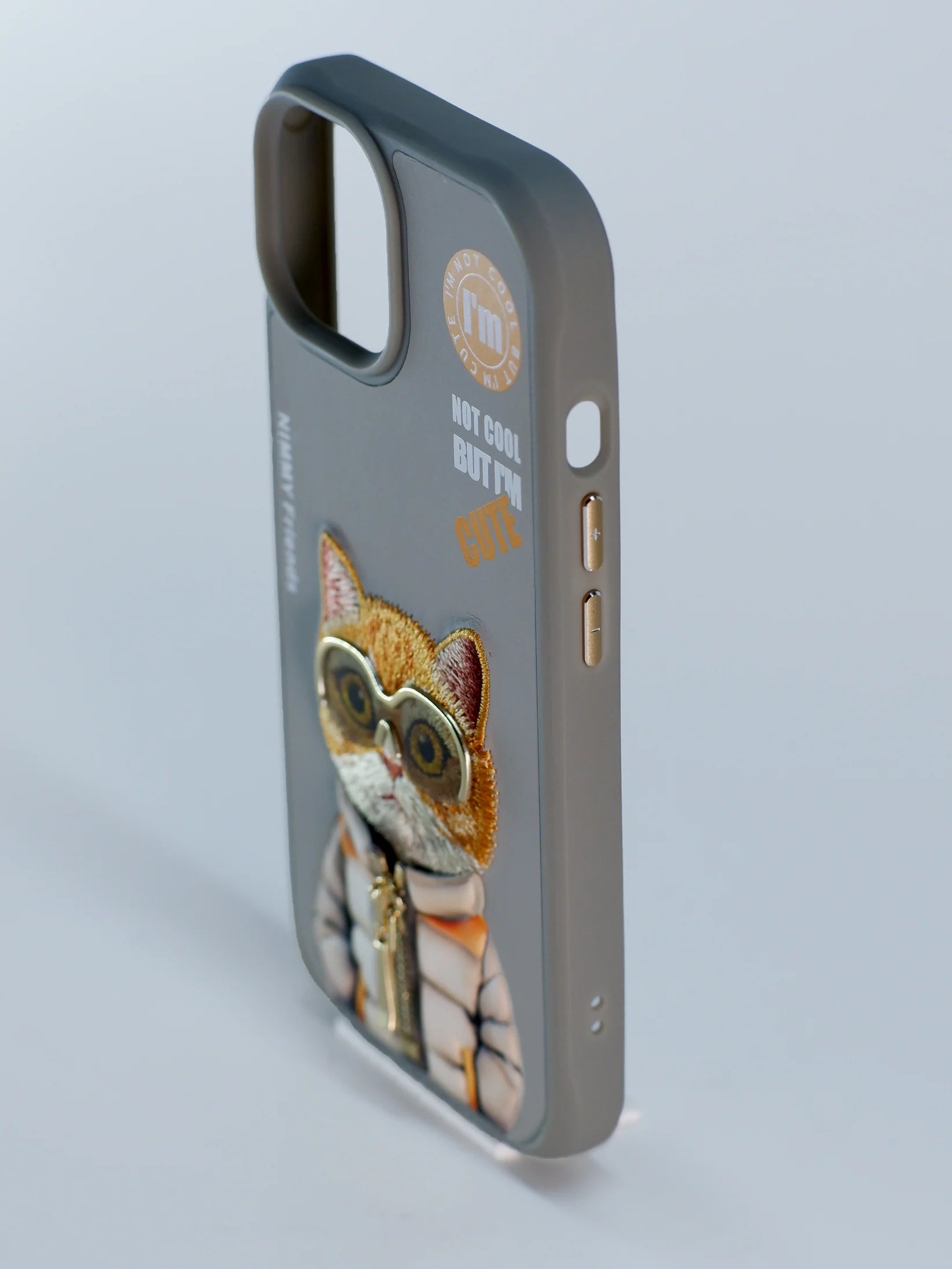iPhone 15 Pro Max Cool & Cute Embroidery Case Cover (Grey)