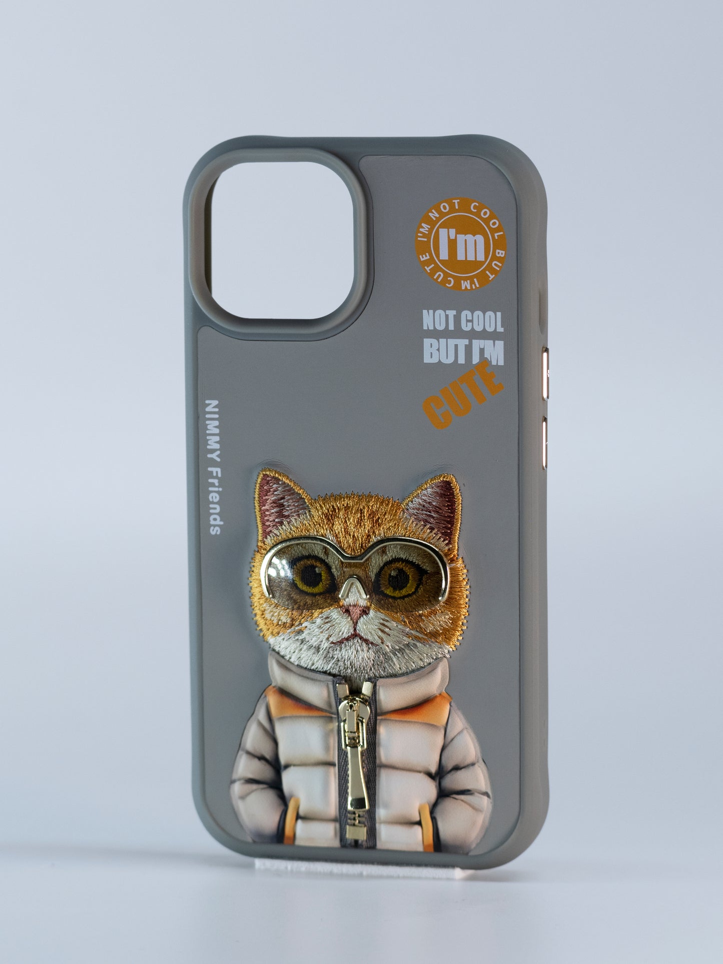 iPhone 15 Nimmy Cool & Cute Embroidery Case Cover (Grey)