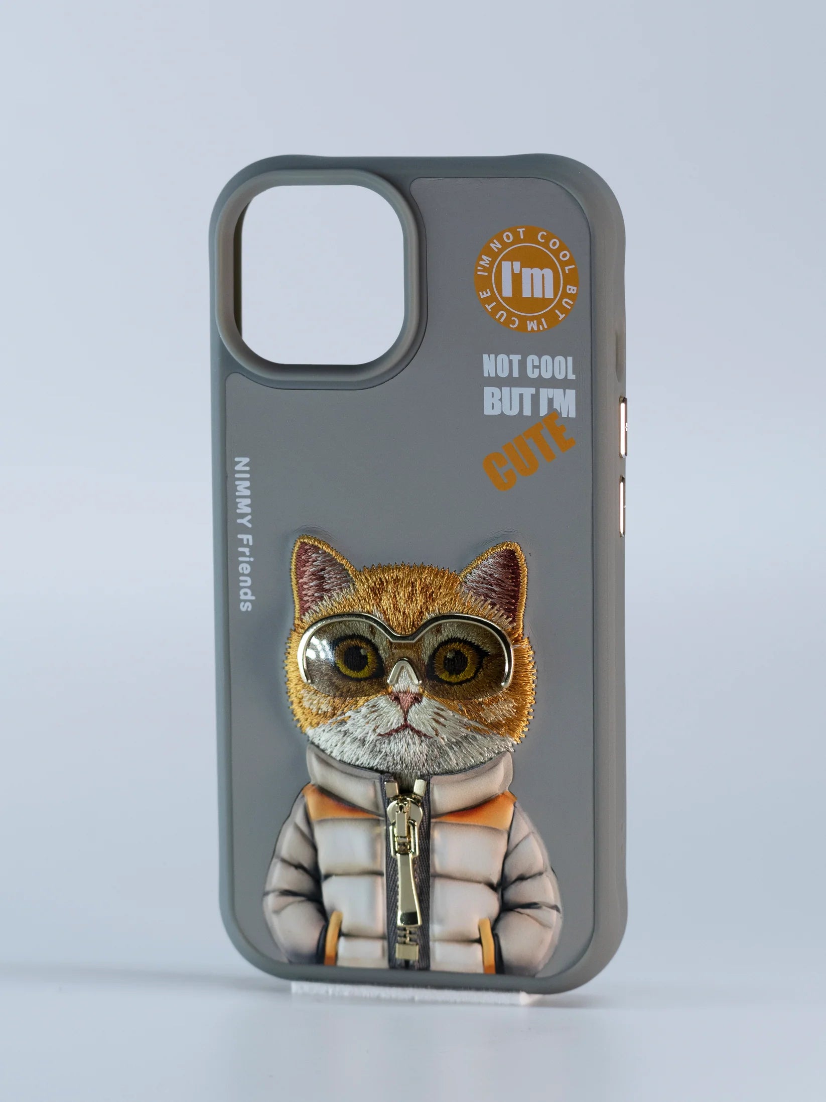 iPhone 15 Pro Max Cool & Cute Embroidery Case Cover (Grey)