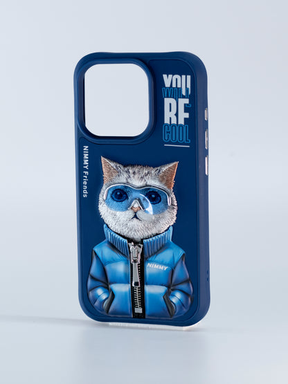 Embroidery Animal Jacket Series Cat Case for iPhone 14 Pro (Navy Blue)