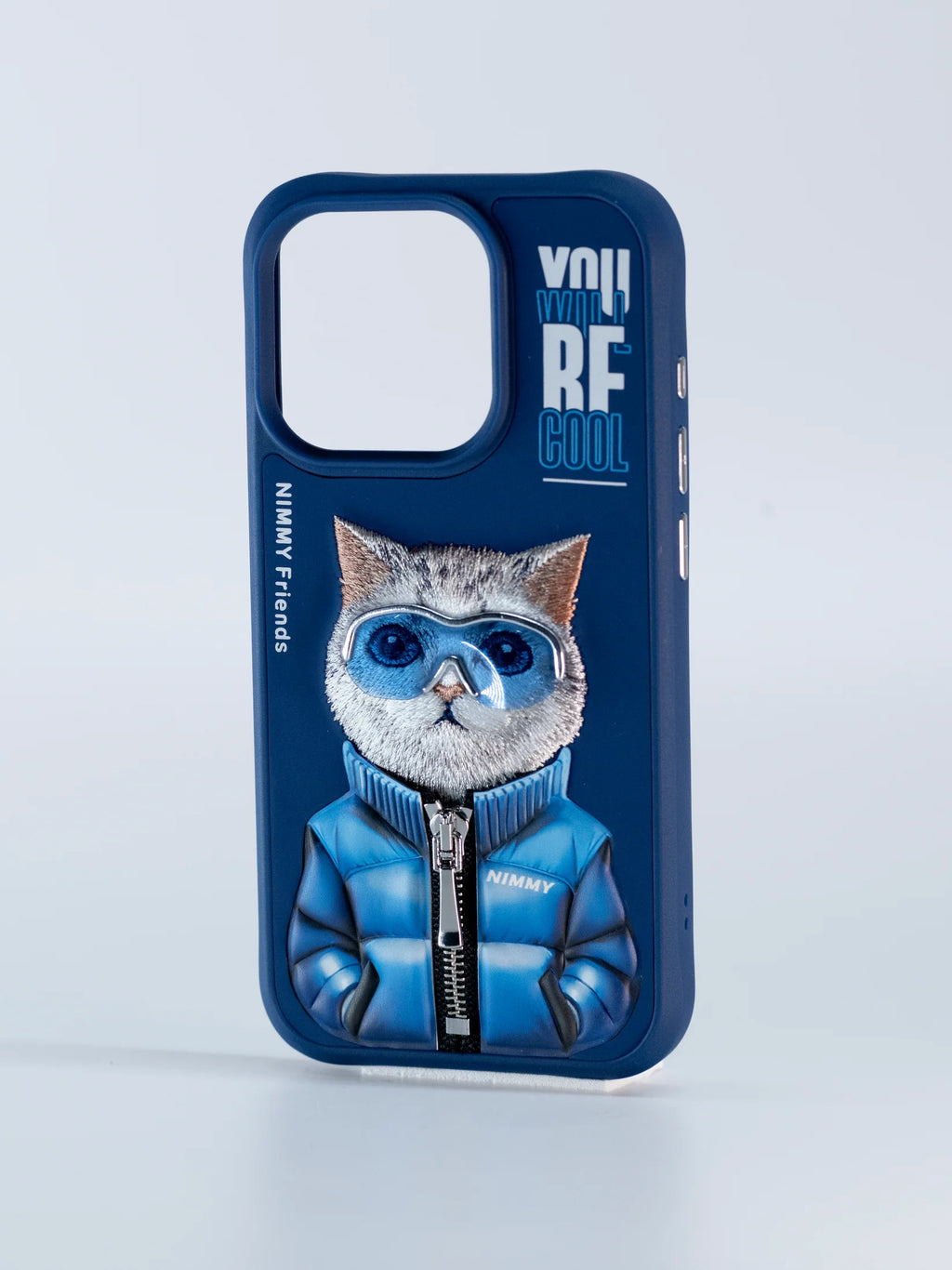 Embroidery Animal Jacket Series Cat Case for iPhone 15 (Navy Blue)
