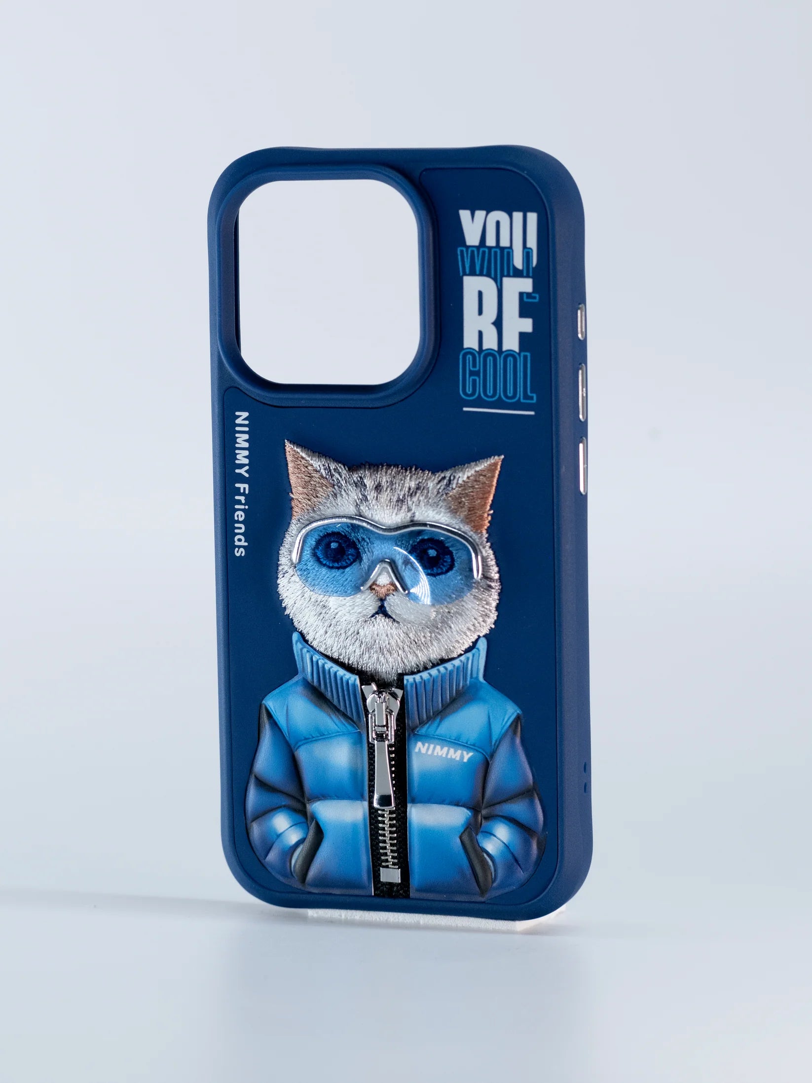 Embroidery Animal Jacket Series Cat Case for iPhone 15 (Navy Blue)