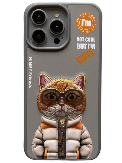 iPhone 15 Nimmy Cool & Cute Embroidery Case Cover (Grey)