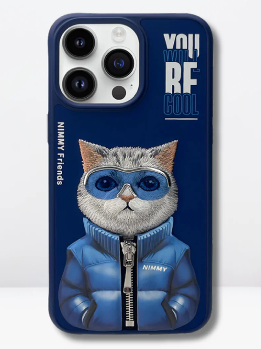 Embroidery Animal Jacket Series Cat Case for iPhone 14 Pro (Navy Blue)